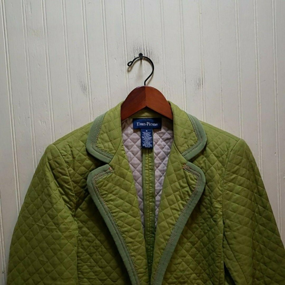 Evan Picone Blazer‎ Jacket Womens 6 Green Quilted Collared Pockets Lined Cotton